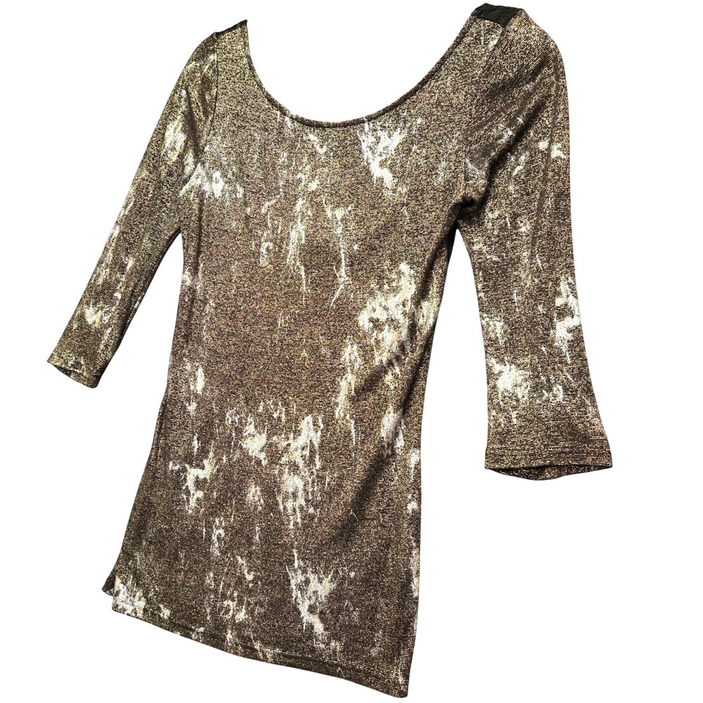 BKE Boutique Y2K Whimsigoth Metallic Gold Black Lace Back 3/4 Sleeve Top S